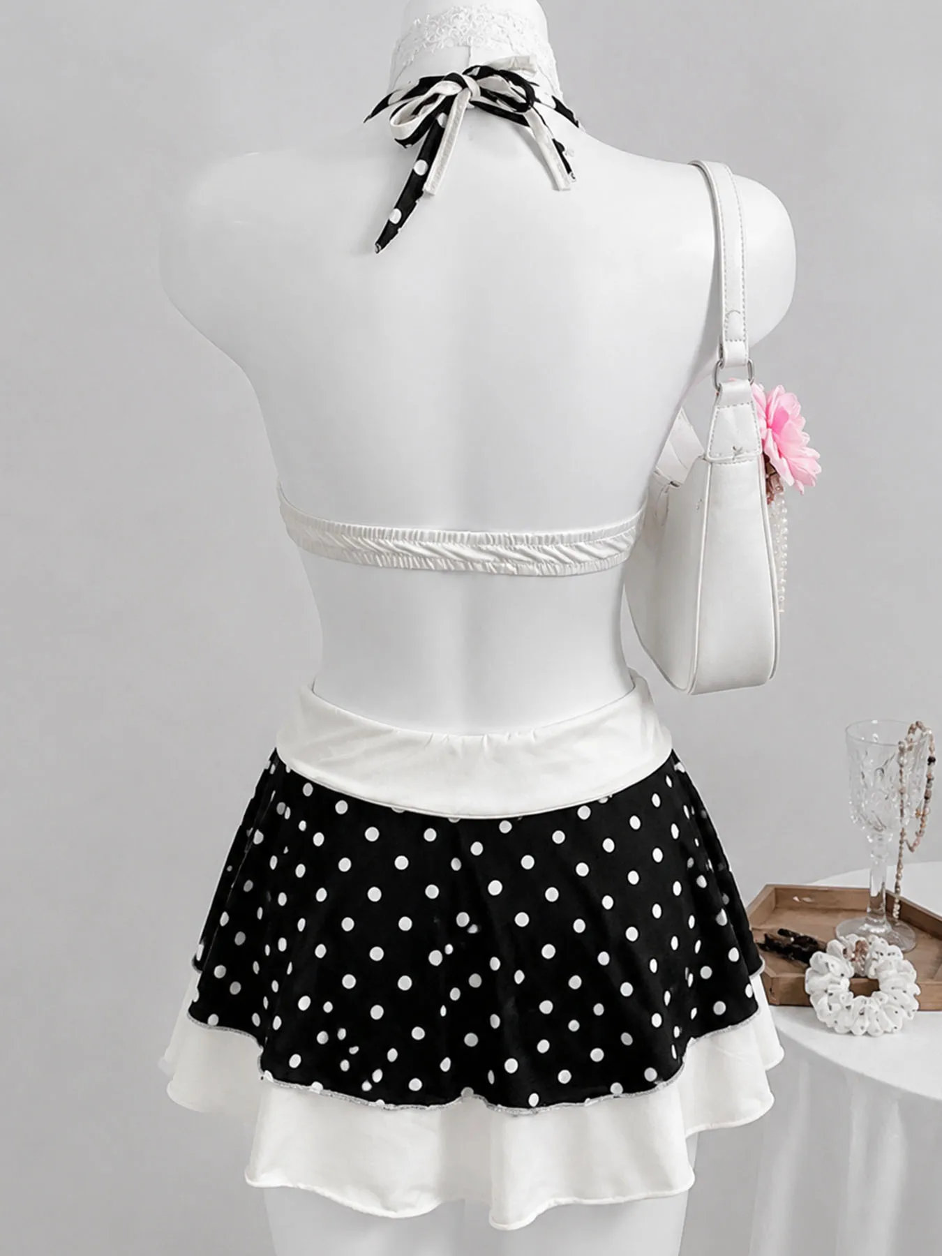 Black White Polka Dot 3 Piece Bikini Halter Bow Tie Swimsuit Double Layer Ruffle Skirt