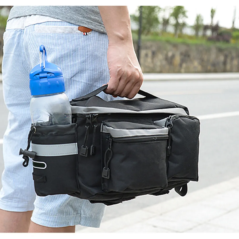

Rear Seat Bike Bag Black Multi Pocket Bottle Holder Adjustable Shoulder Strap Reflective Large Capacity Easy Install Carrying