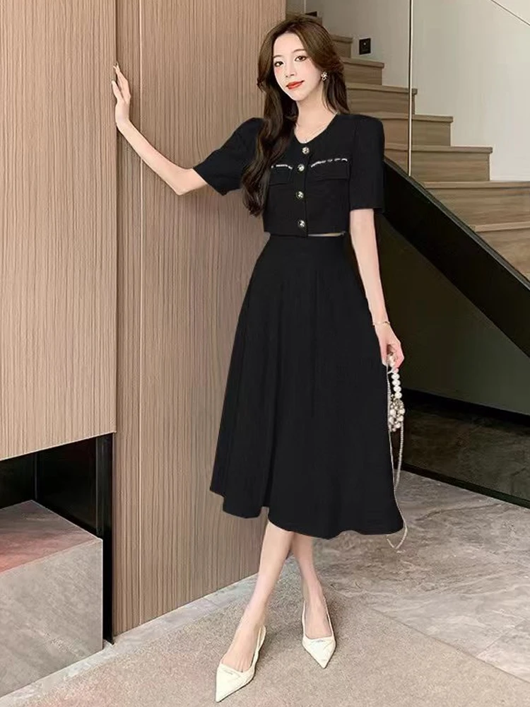 Small Fragrant Fashion New Summer Korean Sweet Elegant 2 Piece-Set Women Coat Top Midi Skirt Suits Womens Two Clothing Sets