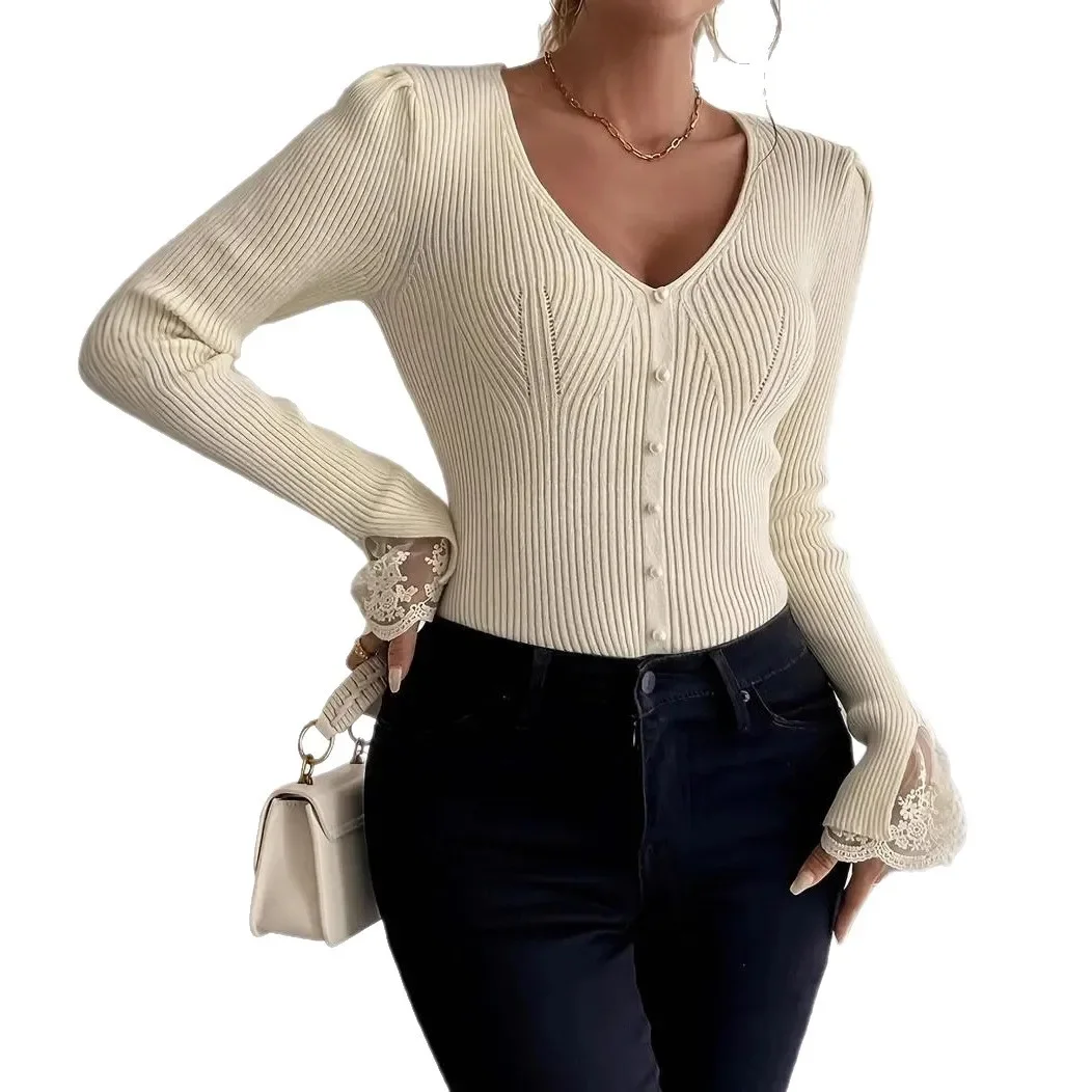 Gebreide top Pull Dentelle Dames Gebreid Dames Kant V-hals Elegante trui Mode Veelzijdig Slim Fit Effen Kleur Winterkleding