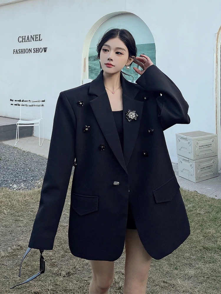 Französischer Stil Damen-Blazer mit Perlen-Schulterpolster, Übergröße, 2025, Frühling und Herbst, schwarz, gekerbter Kragen, Anzugjacke, elegant, INKEO 5O045
