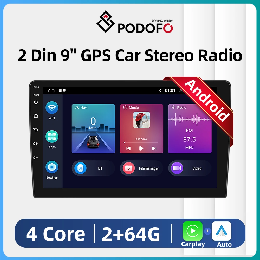 Podofo 2din 9/10inch Android Car Stereo Radio Wireless Carplay Android auto WIFI GPS Radio For VW Universal Multimedia Player