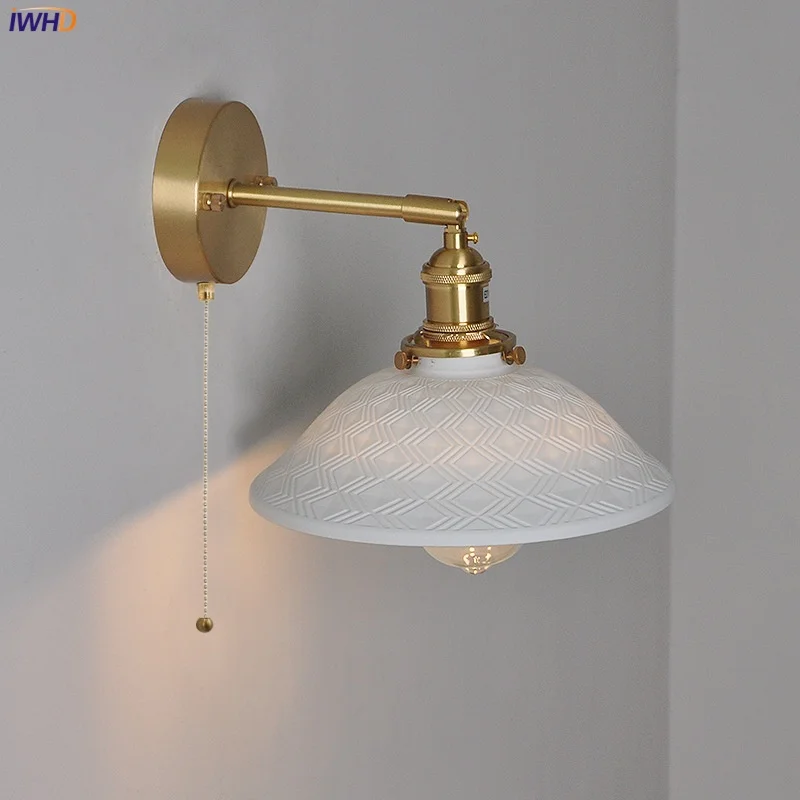 IWHD Nordic Modern LED Wall Light Fixture Hallway Living Room Bedroom Pull Chain Switch Ceramic Brass Bedside Lamp Aplique Pared