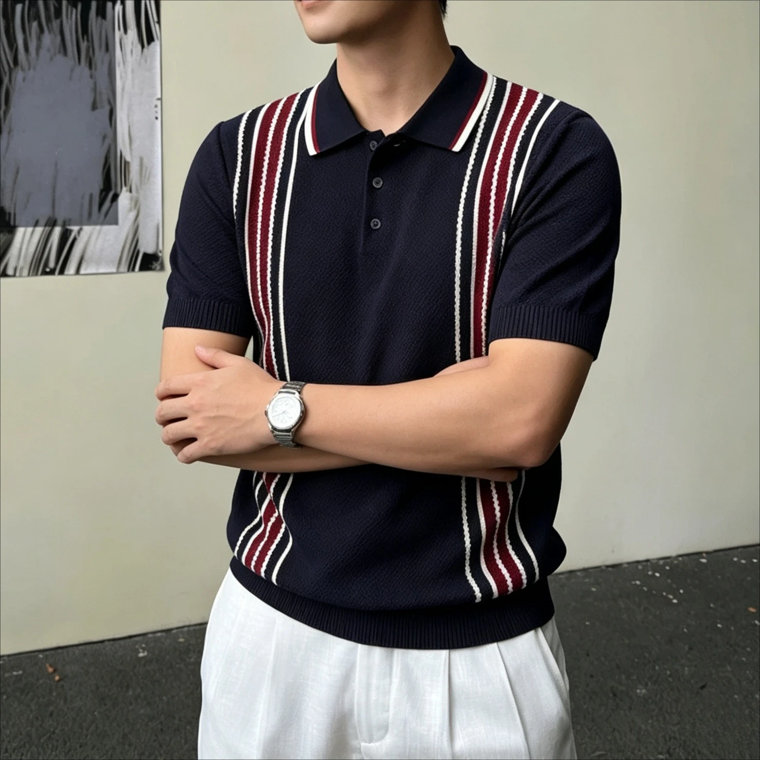 Summer Striped Knitted Polo Shirts Men Ice Silk Breathable Short Sleeved Casual Lapel T-shirt Business Social Office Polo Shirt