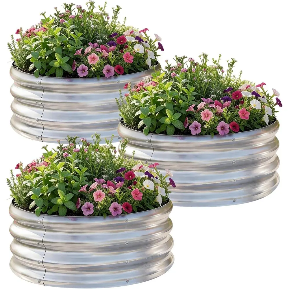 

Набор из 3-х круглых оцинкованных металлических приподнятых грядок 2x2x1 фута для выращивания растений и трав на открытом воздухе - серебристый цвет