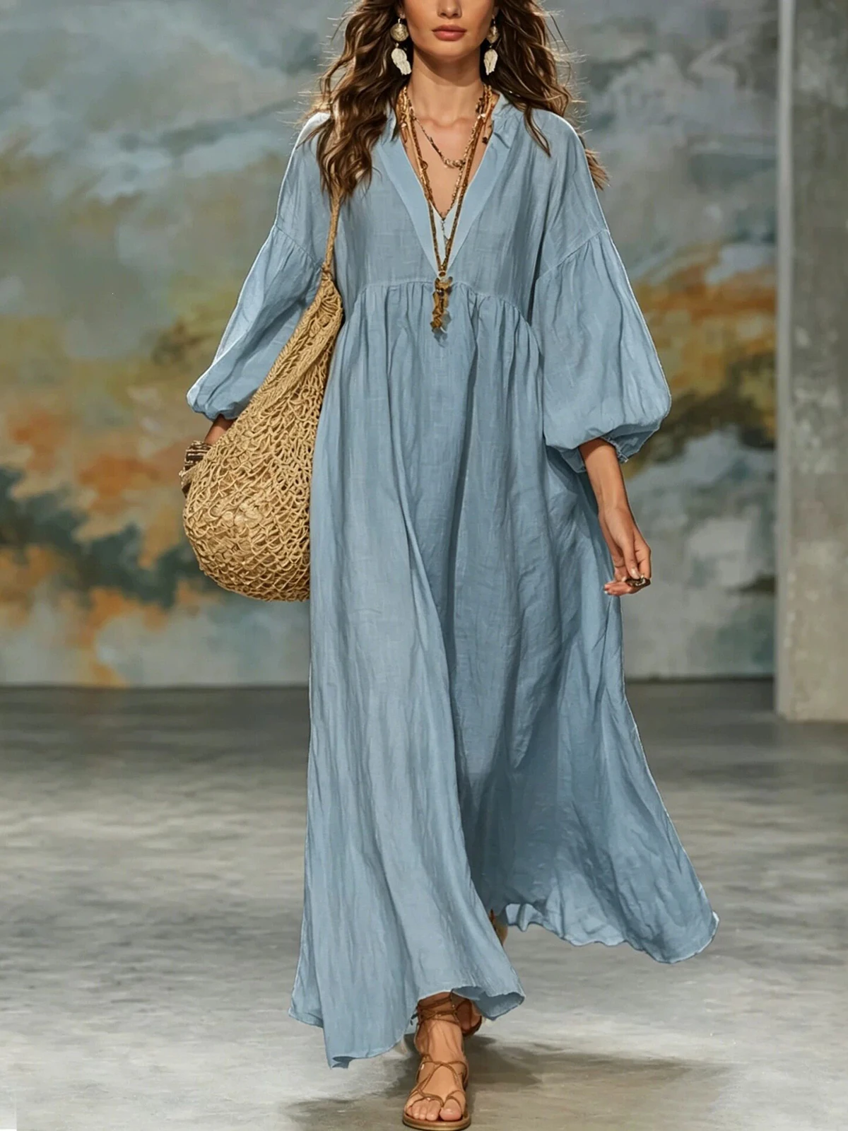 Damen-Kleid aus Kunstdenim und Mesh, Midi-Länge, mit Revers, transparenten langen Puffärmeln, schmaler Passform, asymmetrischer Rüsche und High-Low-Saum, Streetwear-Partykleid – Detail 5