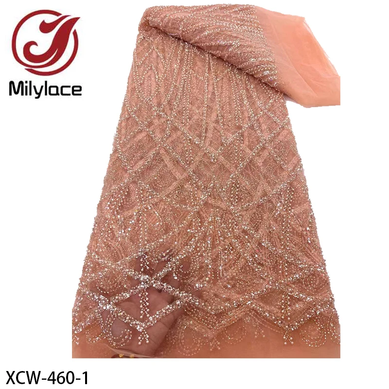 High Quality African Sequins Tulle Embroidered Groom Lace Fabric Beaded Sequins Lace Fabric for Nigerian Wedding XCW-460