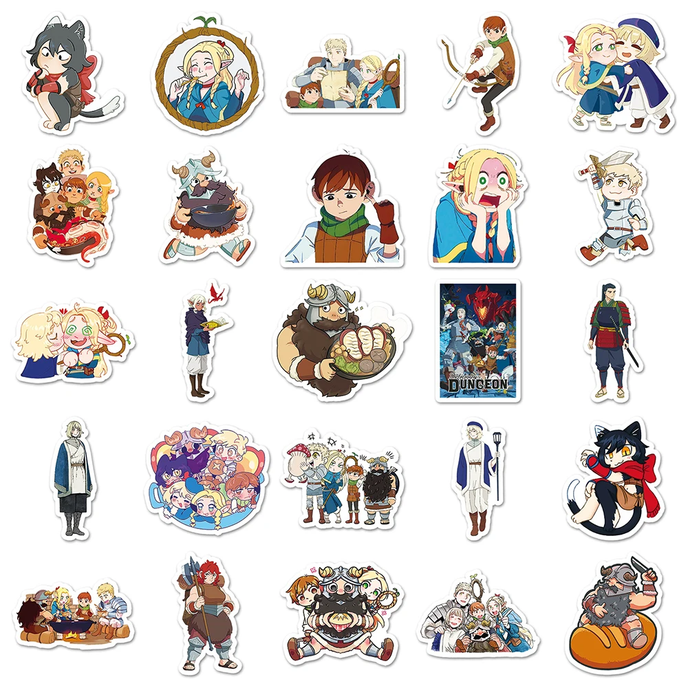 10/30/50 Uds Anime japonés delicioso en mazmorra pegatinas lindo Marcille Laios ‌   Calcomanías de dibujos animados Maleta Laptop Teléfono Manga Etiqueta