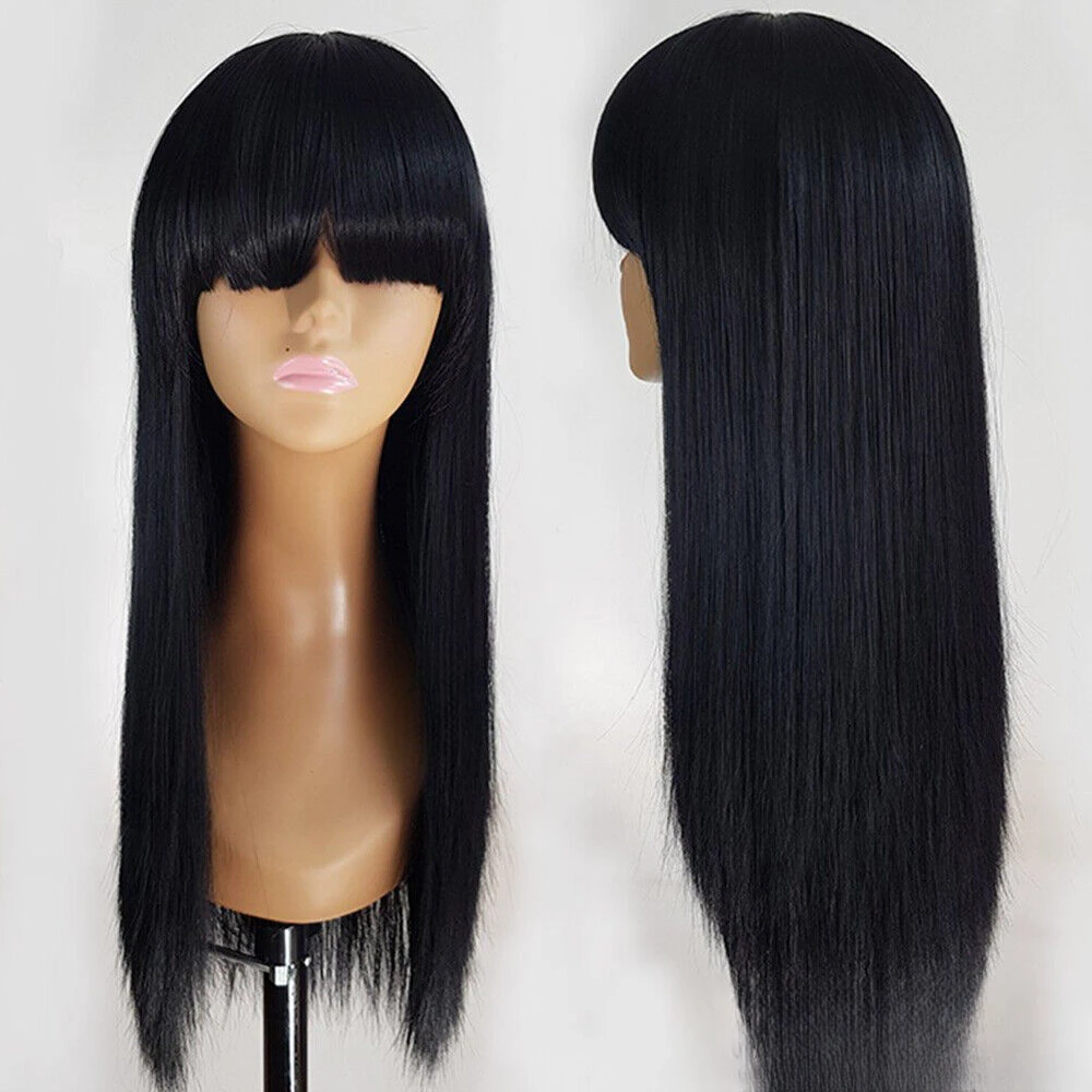 Long Silky Straight Black  Heat Resistant Synthetic Wigs with Bangs Cosplay