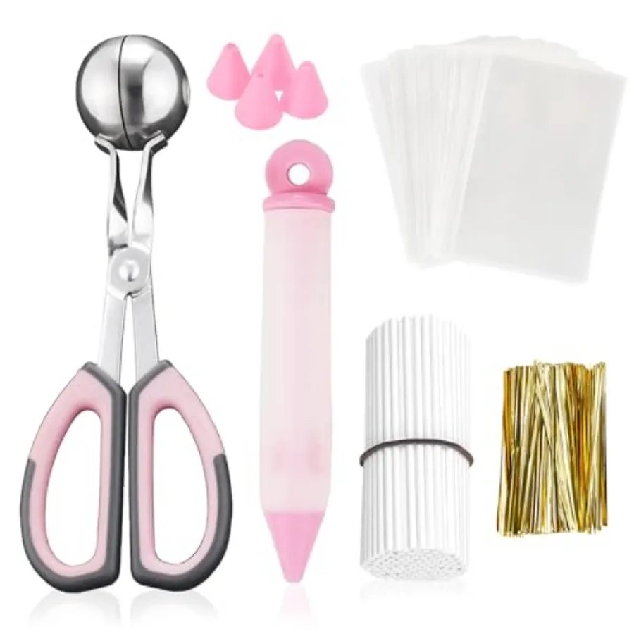 Cake Pop Kit, Including 100 Cake Pop Sticks and Wrappers, 100 Twist Ties, 1 Cake Pop Scooper and Decorating Pen, Cake Pops Maki