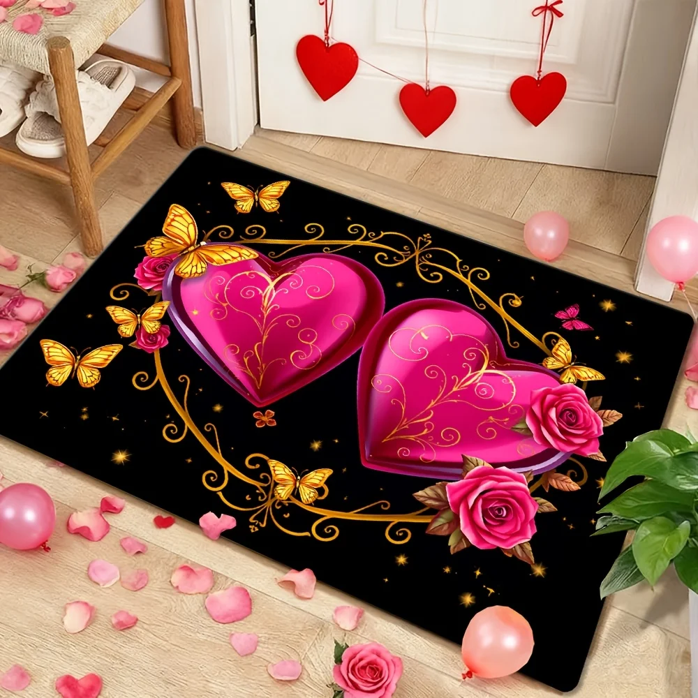 Single Piece of Flannel Mat Featuring a Double Pink Heart, Rose, And Butterfly Design, Suitable for Living Rooms, Bedrooms, Kitchens, Offices, And Hallways.