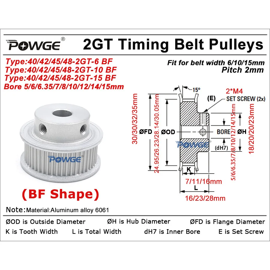 POWGE 40 42 45 48 teeth 2MGT 2GT Timing Pulley Bore 5/6/8/10/12/14mm for belt width 6/10/15mm 40T 42T 45T 48T 40Teeth 48teeth