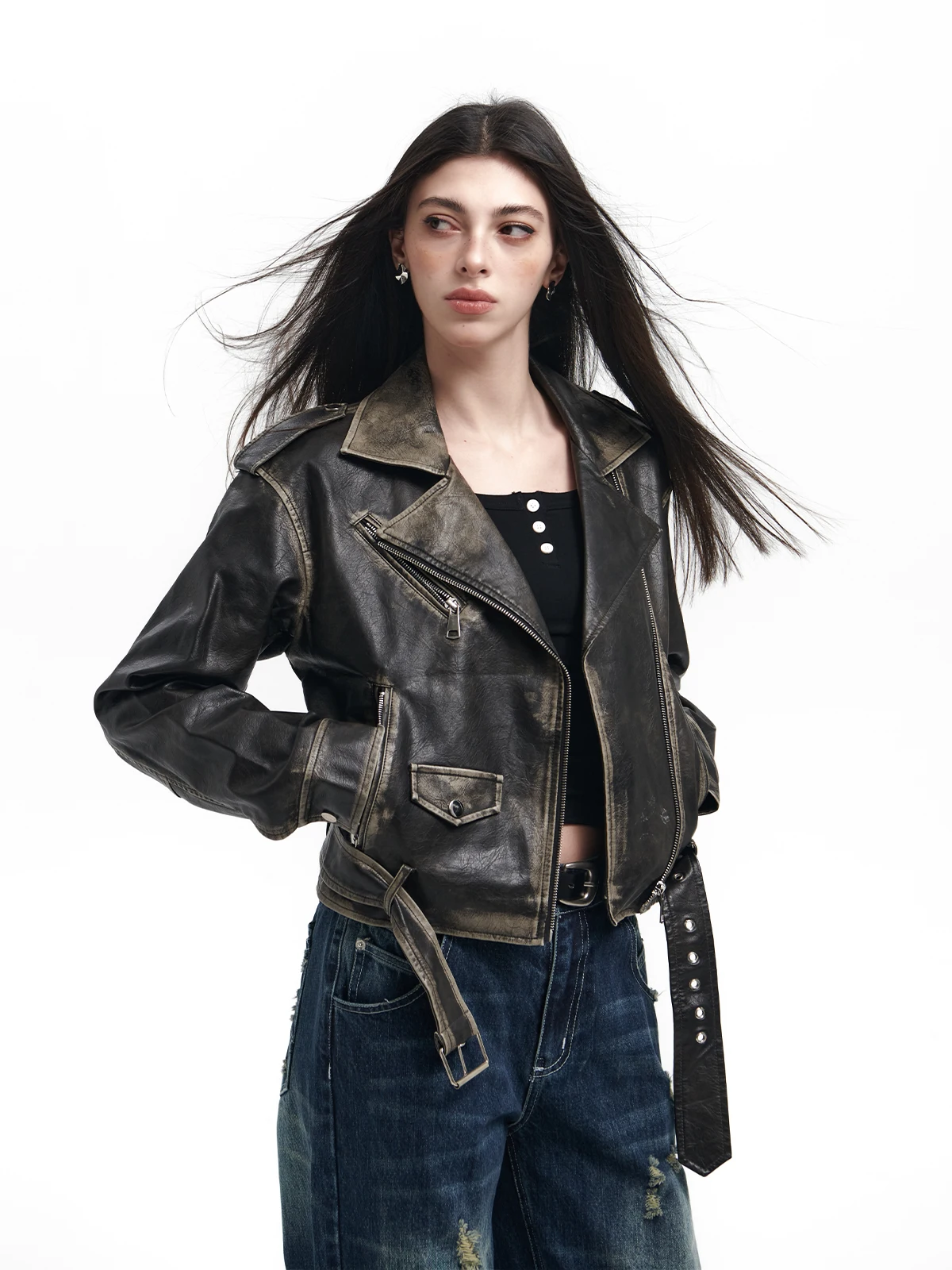 Chaqueta de Motocicta Estilo Americano Vintage Goosfir, Chaqueta de Cuero Retro para Mujer, Estilo Urbano, Cierre de Crema...