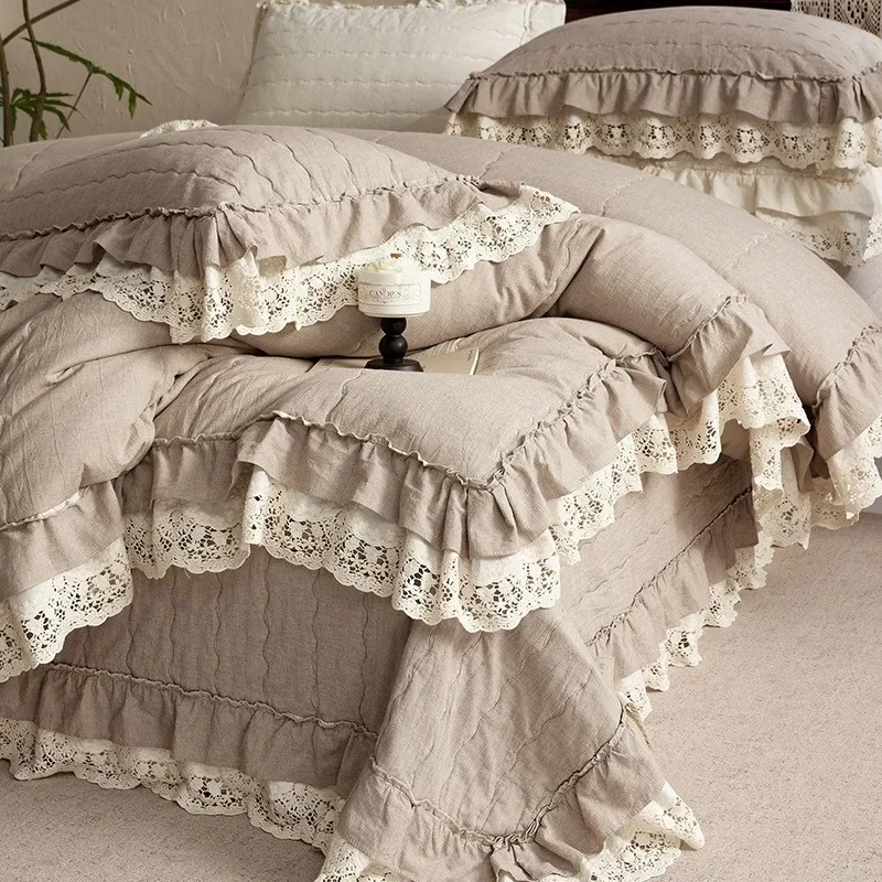 100% Cotton Linen Blend Quilt 3PC Bedspread Set -1PC Lightweight All-in-One Quilted Bedding Coverlet with French Lace Trim