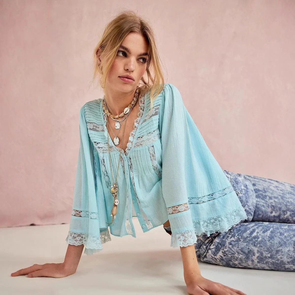 Summer New Sle Loose Long Sve Lace Patchwork Women's irt V-Ne Ele Fitted Top for Young Girls Faion Design