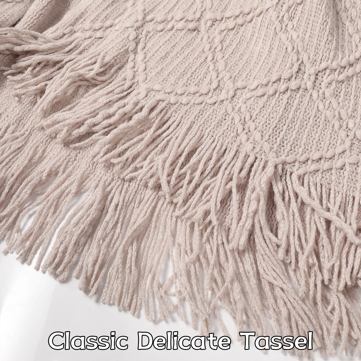 Women's faux fur collar diamond knitted shawl, vintage tassel loose cape, warm multifunctional shawl view 4