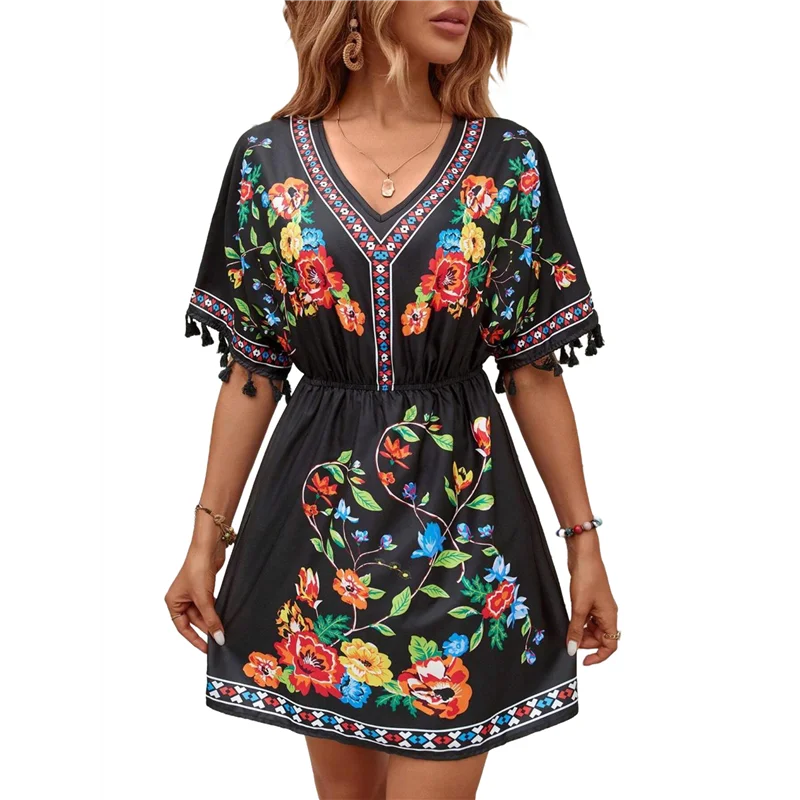 NIEUW-Fiesta geborduurde Mexicaanse jurk voor dames strandvakantie plus size zomer boho-jurken met korte mouwen en zak