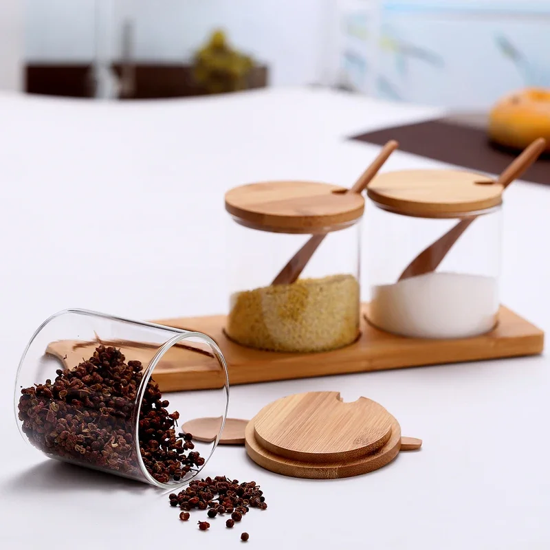 Glass Storage Jar Salt Candy Cookies Tea Coffee Beans Organizer Bottle Wood Lid Container Spices Food Cereal Jar Kitchen Storage