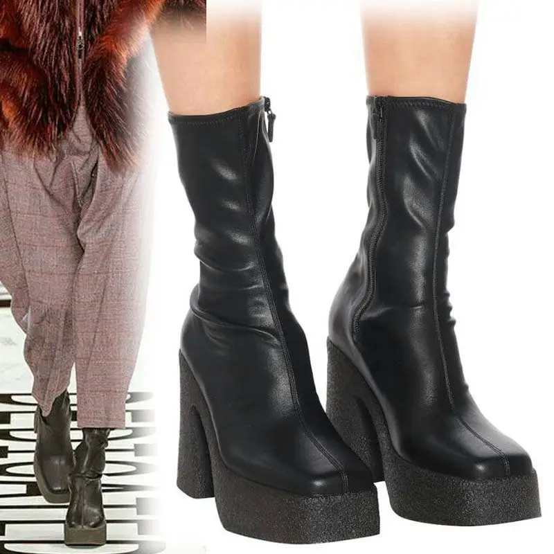 

Thick-Soled Waterproof Platform Square Head Elastic Boots New British Style Thin Knight Boots High Heel Large Size Sexy Boots
