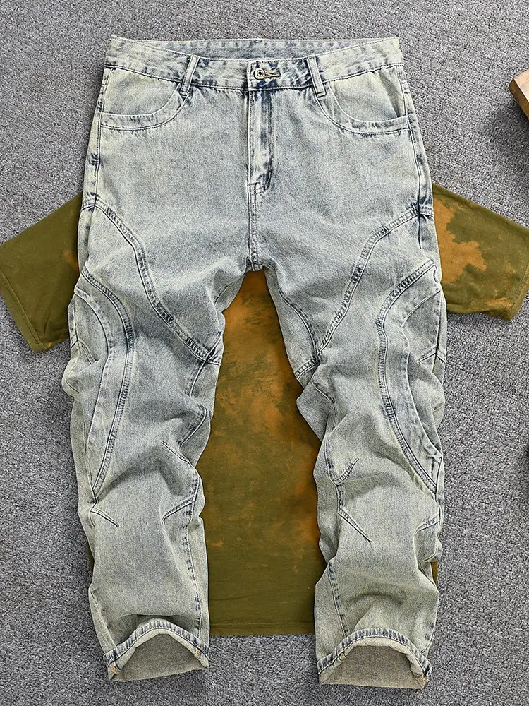

Мужские весенние джинсы в американском винтажном стиле, с эффектом потертости, с лоскутным дизайном, свободные прямые брюки с широкими штанинами в европейском стиле, мото-брюки