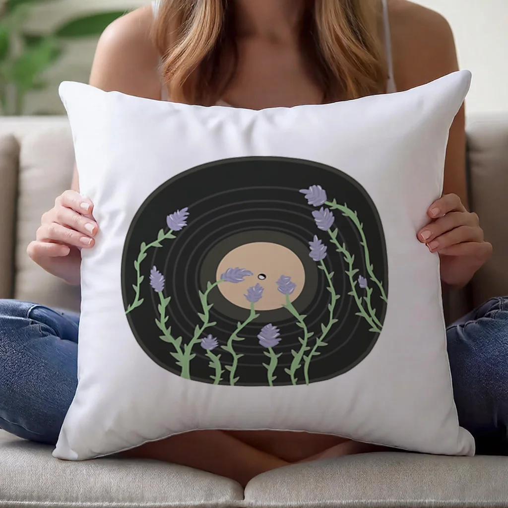 Retro Vinyl Lavender Flower Record Pillowcase Cushion Cover Boho Floral Aesthetic Throw Pillow 45x45cm Home Decor Accent Gift
