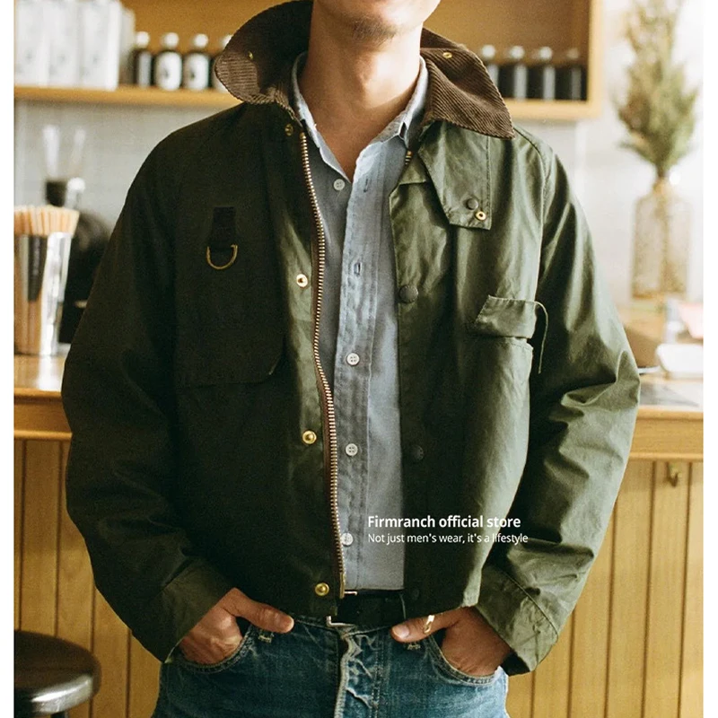 Firmranch Amekaji British Vintage Oil Wax Cargo Short Hunting Jacket Corduroy Lapel Trench Coat Spring Outdoor Blazer Men Women