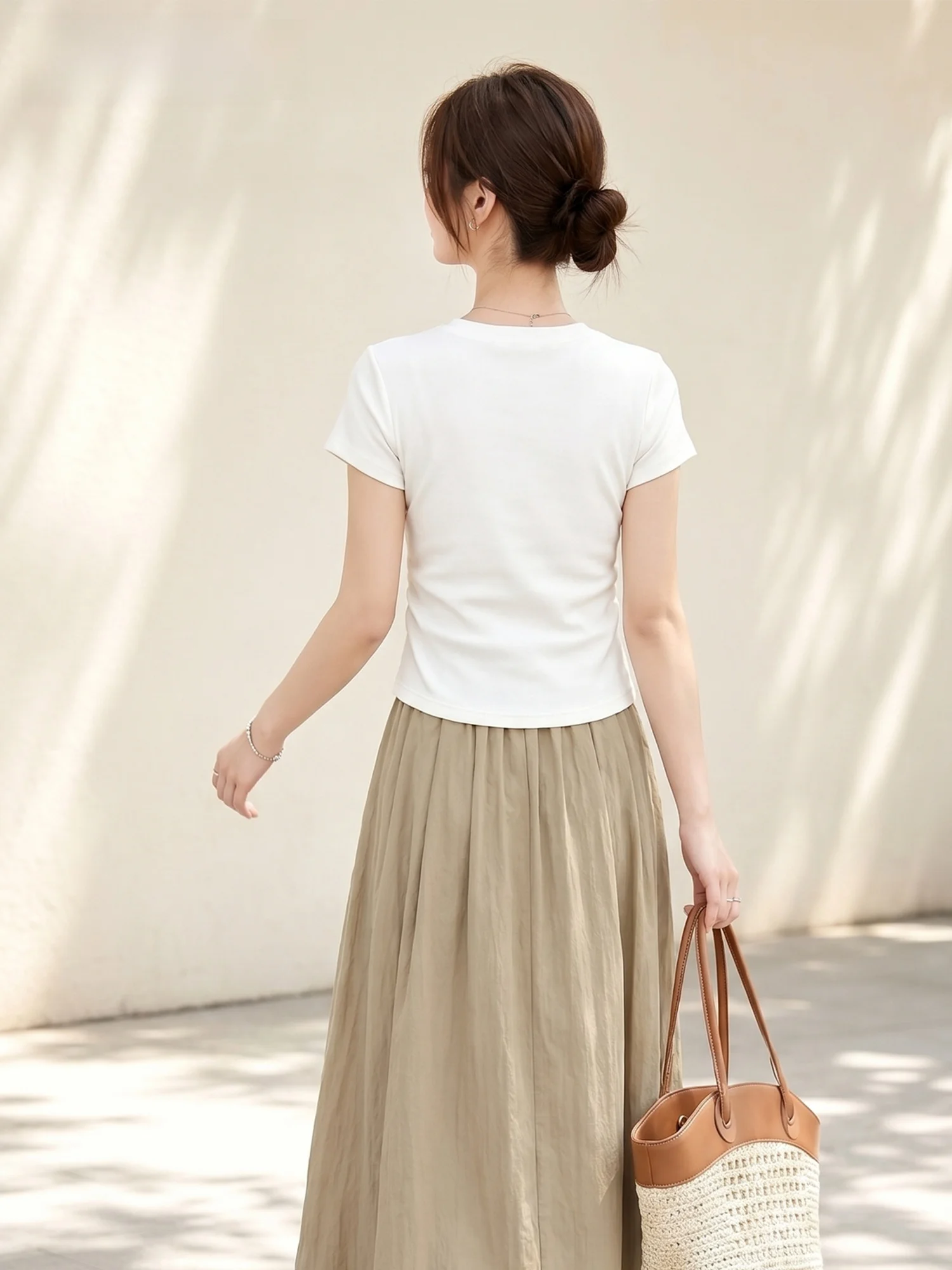 Summer Short Sleeve T-Shirt Women's Folded Shoulder Waist Cinched Irregular Hemline Youthful Top Cotton Lycra Blend round Nec...