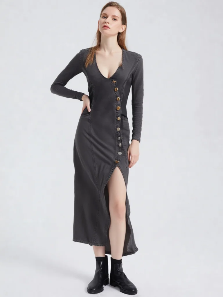 

Women's Vintage Washed Denim Maxi Dress Long Sleeve V-neck Slit Solid Color Button Front Split Hem Casual Style Jean Dress