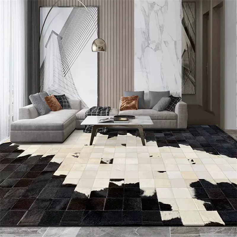 

Black White Checkered Cowhide Splicing Carpet Living Room Decoration Luxury Home Rugs For Bedroom Customize Large Size Floor Mat