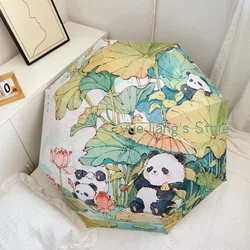 Lotus Pond Panda Automatic Umbrella, Oil Painting Style Summer Black Gel Sun Protection Umbrella, Sun Umbrella