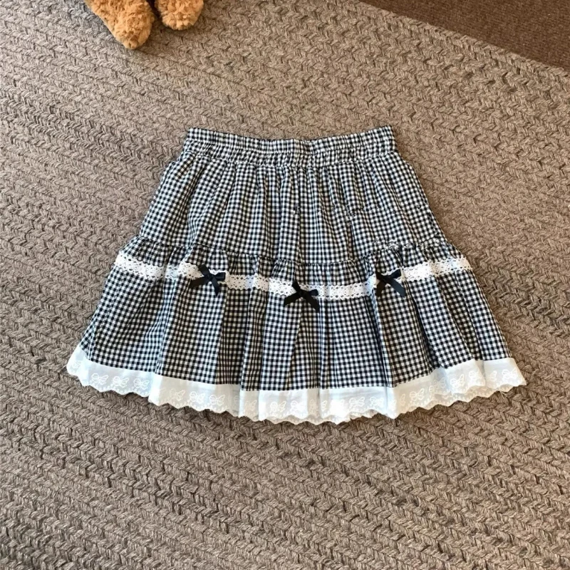 

Y2k Bow Plaid Skirt Women 2025 Summer High Waist Pleated Spliced Lace Ruffle Mini Skirts Japanese Sweet Versatile Skort