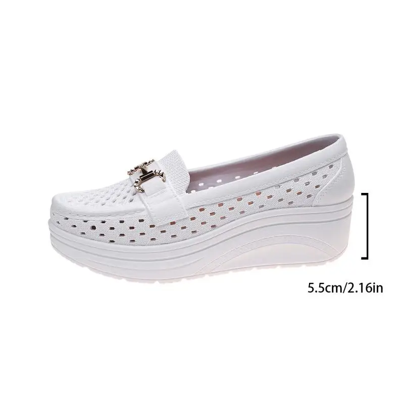 Soft Thick Bottom Height Increase White Loafers Women 2026 Summer Hollow Out Wedge Heel Pumps Women's Comfortable Nursing Shoes