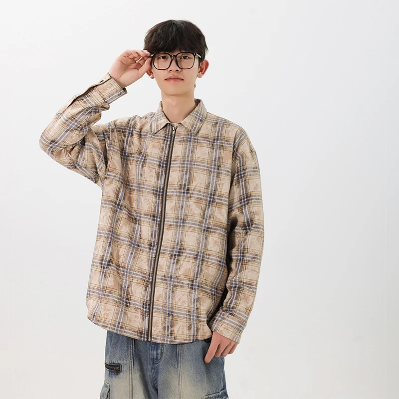 

Men's Retro Plaid Khaki Long-sleeved Shirt, Loose Casual Autumn Coat for Daily Wear, Unisex.Zipper Thicker Shirt Oversized