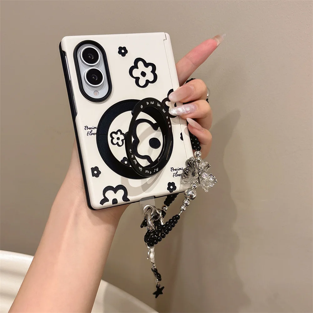 New 2026 Cute blackf lowers Magnetic Phone Case For Samsung Galaxy Z Fold8 Kawaii Shockproof for Magsafe 360° rotating bracket