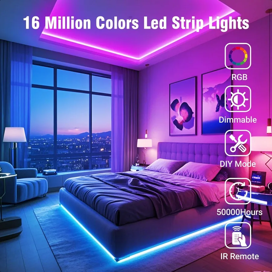 100ft ledstripverlichting voor slaapkamer kleurveranderende led-lichtstripskit met 24 toetsen IR-afstandsbediening en slimme app-bediening RGB muziek S