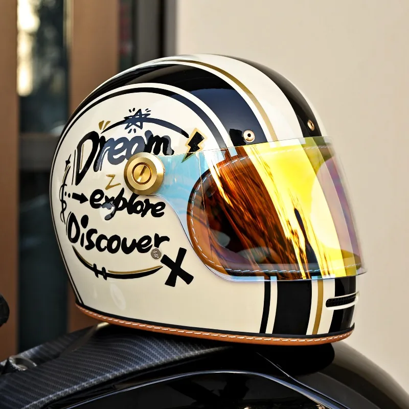 Vintage Full Face Motorcycle Helmet, Compact Small Shell Design for Men Women,  Season Motorbike Helmet for Autumn Winter Riding