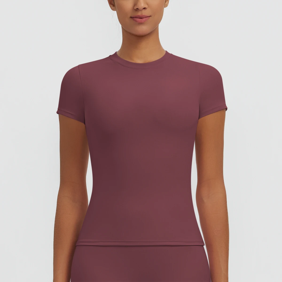 Hochelastisches, schnelltrocknendes, einfarbiges Yoga-Kurzarm-T-Shirt für Damen, Workout-Oberteil, schmal geschnittenes, lässiges Sport-, Lauf-, Fitness- und Yoga-T-Shirt. – Detail 18