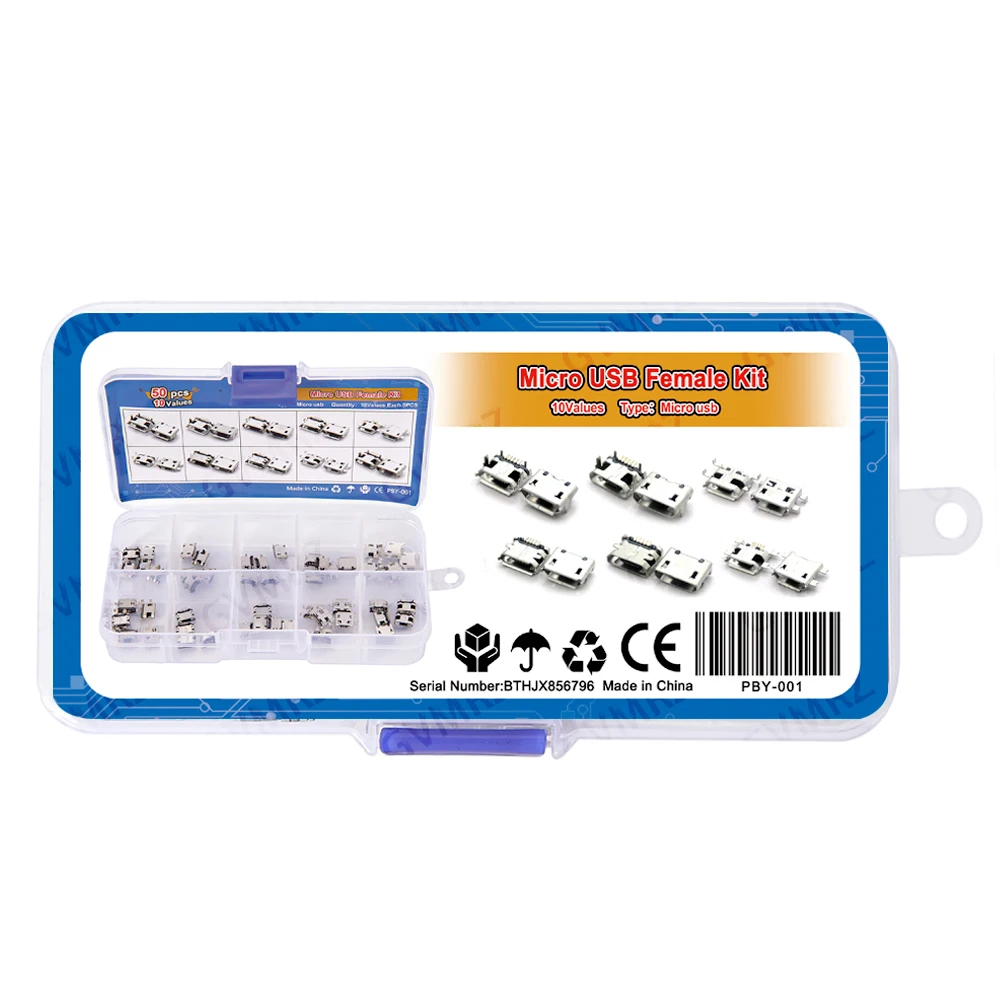 50PCS 10Values Micro USB Female Connector Kit for Electronics DIY & Repair Projects USB