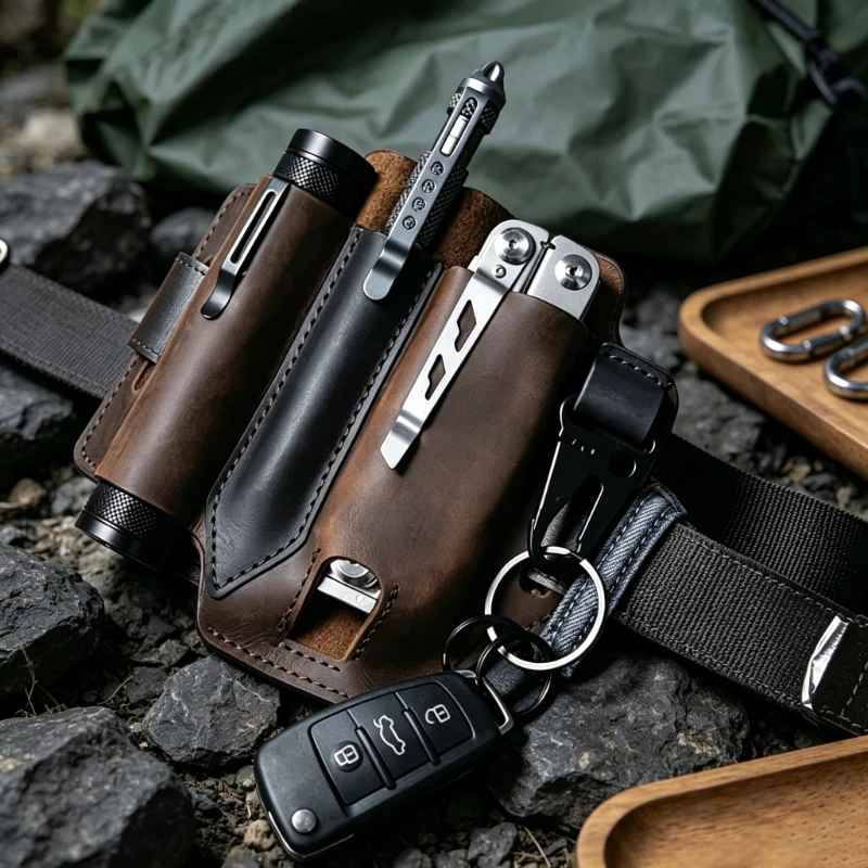 PU Leather EDC Belt Multitool Sheath, Pocket Organizer with Pen Holder, Flashlight & Key Fob Storage Pouch for Men Outdoor Carry