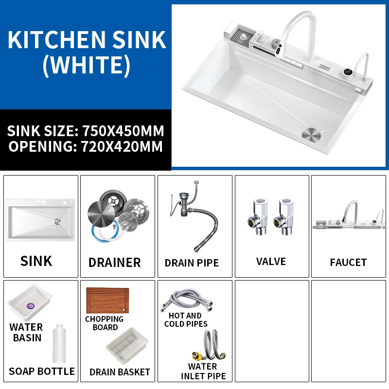 

White flying rain waterfall sink integrated multi-functional large single slot 304 stainless steel vegetable washing sink