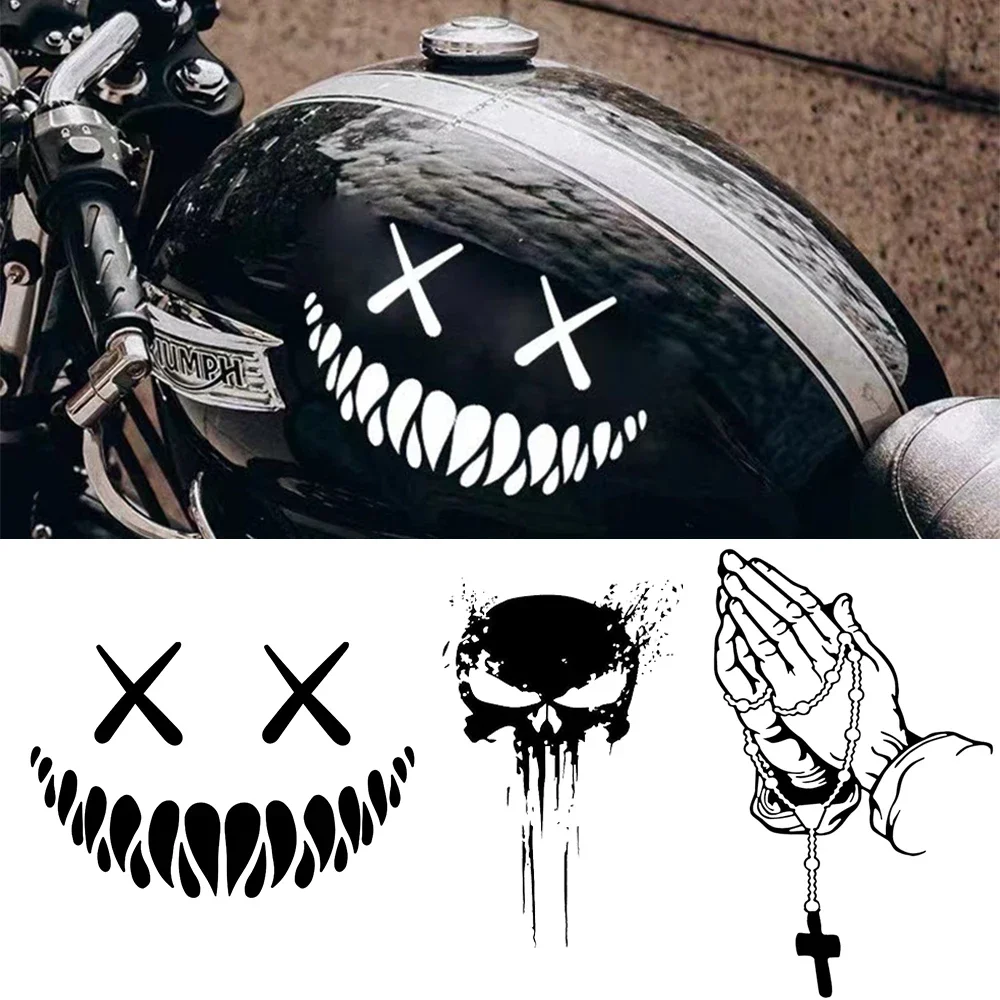 Motorcycle Skull Sticker Devil Satan Smiling Face Joker Decoration Car Stickers Cross Pray Stickers Colorful Reflective Sticker
