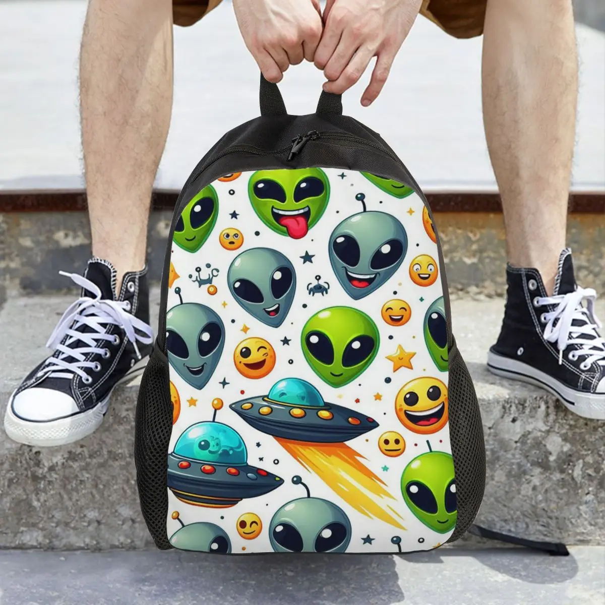 Green Alien And UFO Pattern Backpack Daypack Large Capacity Kids BookBag School Bag Shoulder Bags for Men Women