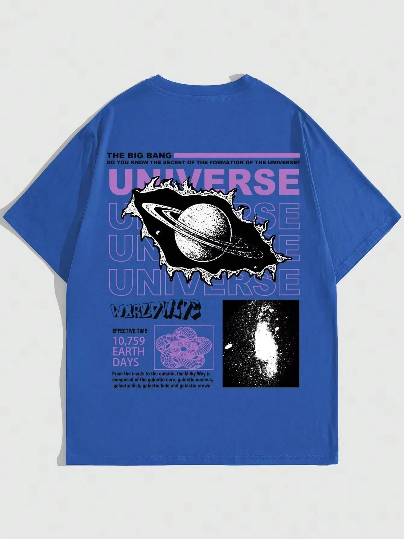 تي شيرت Universe Theme باللون الأسود والأزرق والأبيض مطبوع عليه نظرية الانفجار الكبير مع تصميم Galaxy Graphic Planet للجنسين ملابس شارع قطنية كاجوال