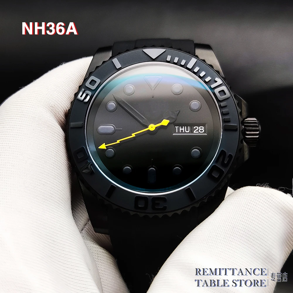 Black Men\'s Watch NH36A Black Calendar Movement Sapphire Crystal PVD Plated Steel Yachting Celebrity Leisure Mechanical Diver