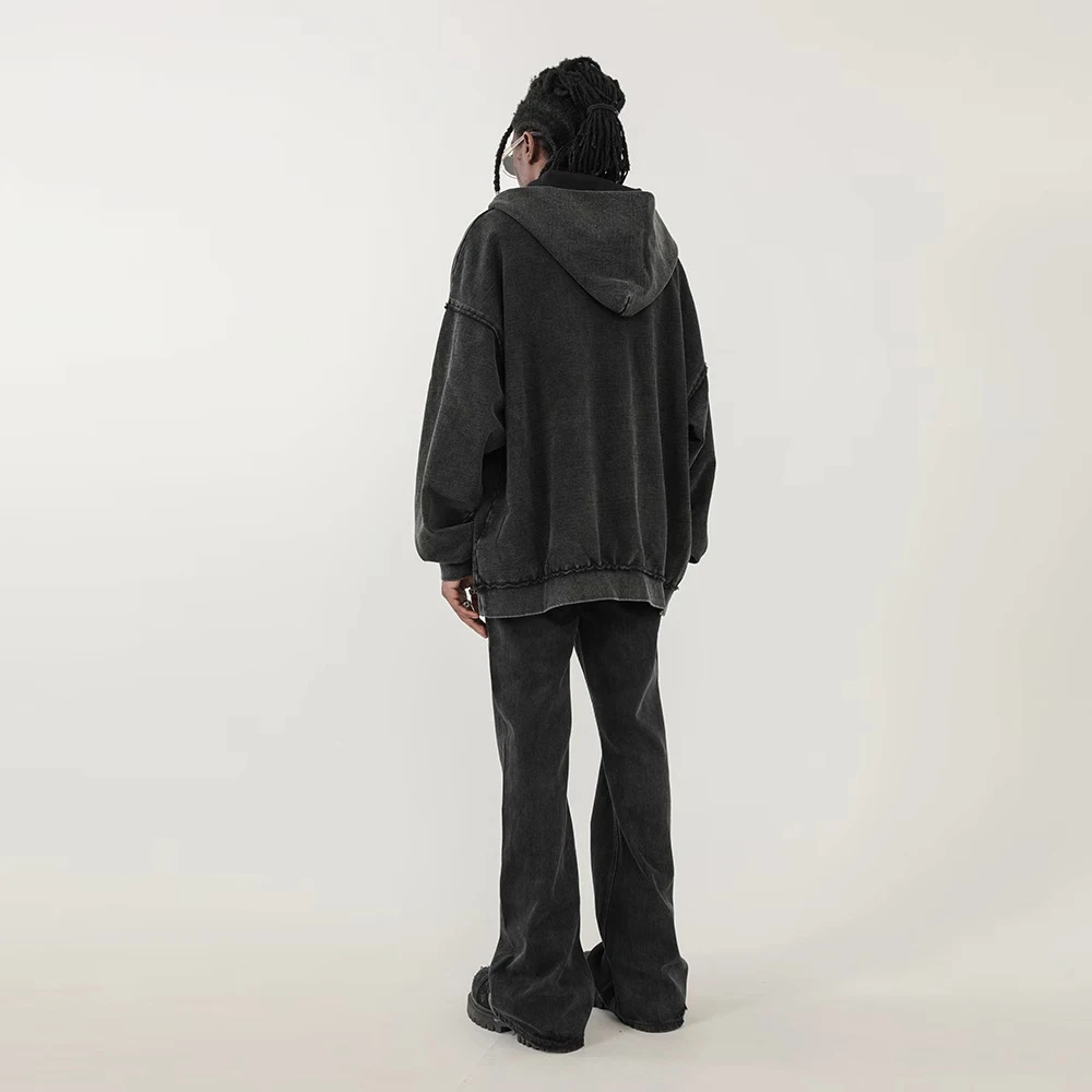 American RO Black Washed Frayed Flared Jean High Street Trend Personality Vintage Slim Fit Flare Denim Pants Cleanfit Distressed