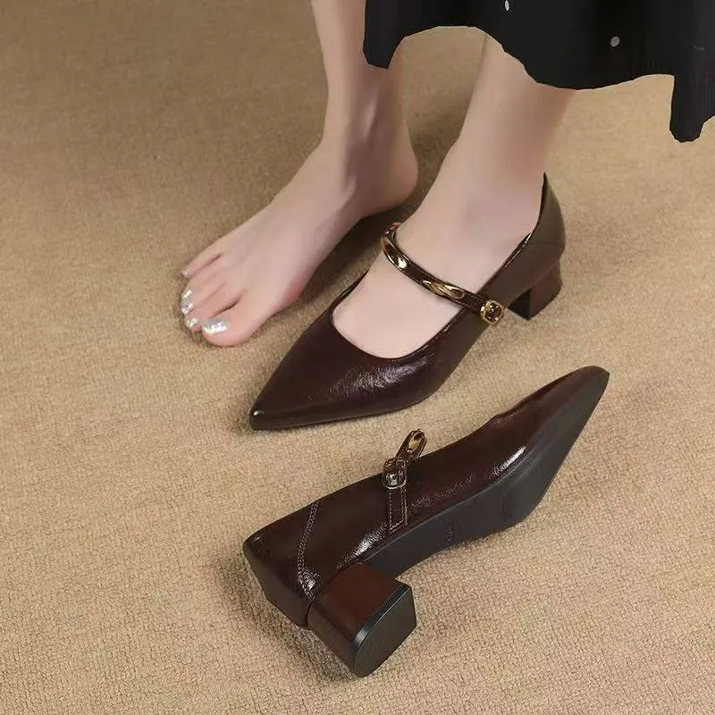 

Французские туфли с острым носком, осенняя новинка, с металлической пряжкой, на одном ремешке, на каблуке-рюмочке, элегантные