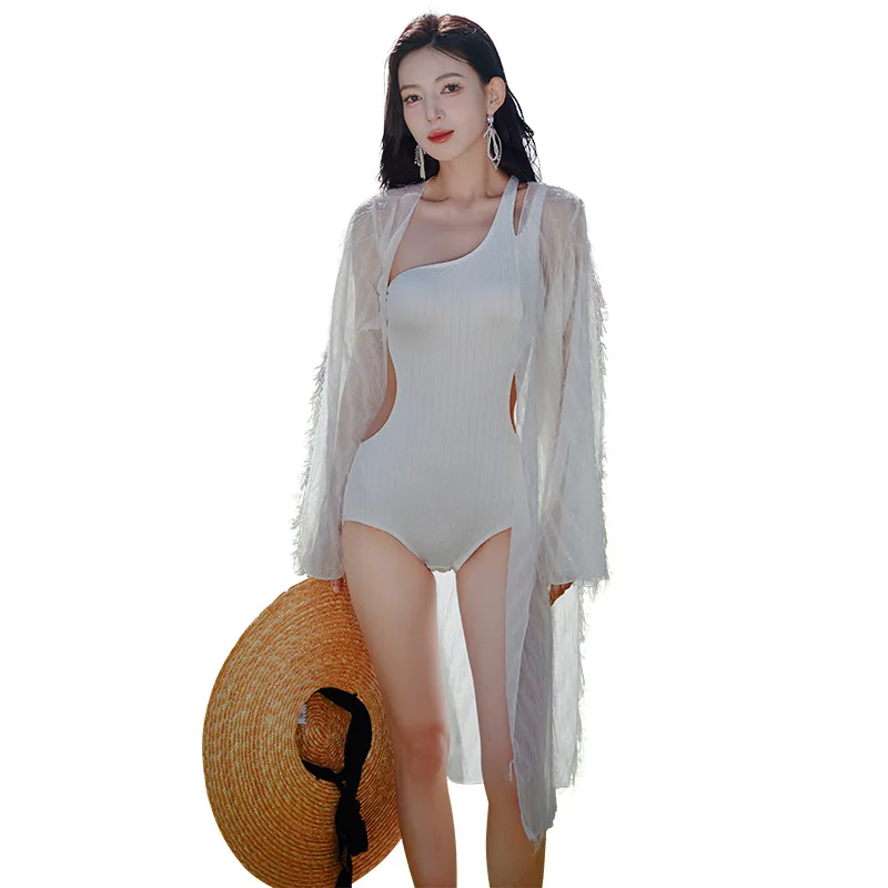 W​omen on piece swimwear white solid with cover up sexy bodysuit bandeau beach swimming wear bathing suit