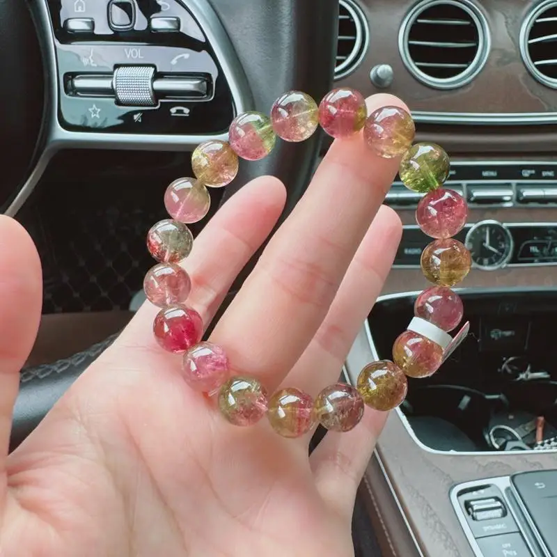 Collectible 10.5MM Natural Tourmaline Bracelet Double Color Watermelon Round Bead Hand String Large Grain Red and Green Jewelry