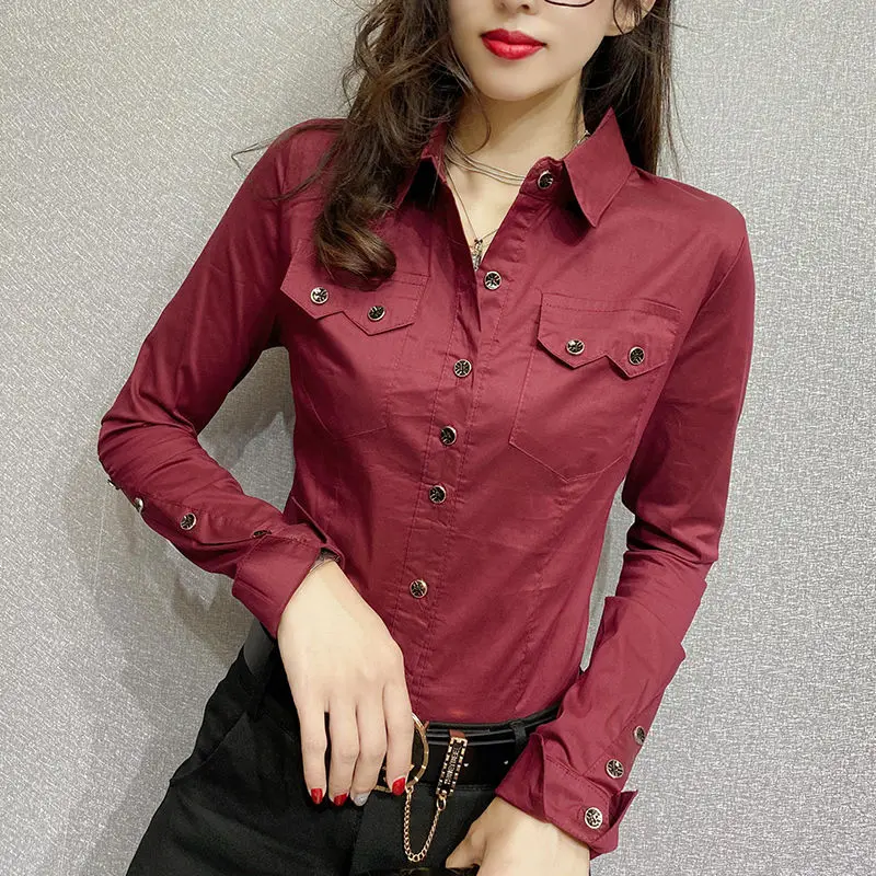 Office Lady Slim Solid Color Blouse Fashion Pockets Spliced Spring Autumn Chic Single-breasted Women\'s Clothing Polo-Neck Shirt