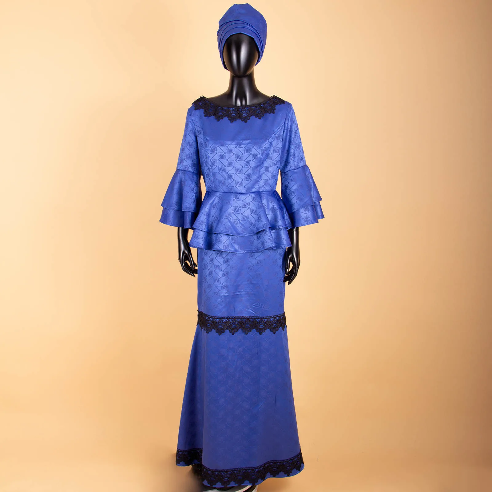 APTX African Dresses for Women Lace Ruffles Flare Sleeves Top Floor Length Trumpet Skirt Party Dress TA2026001